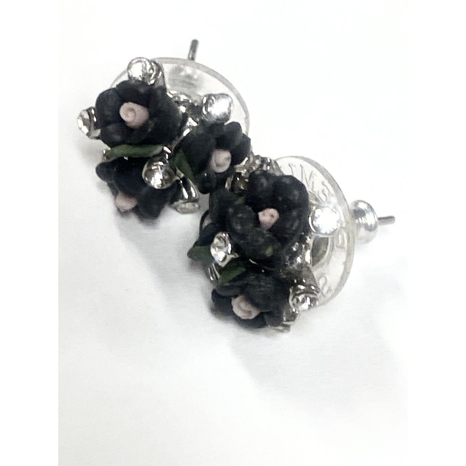 Vintage Navy Blue Glass Flower Cluster Stud Earrings Crystal Center 50s 80s Y2k